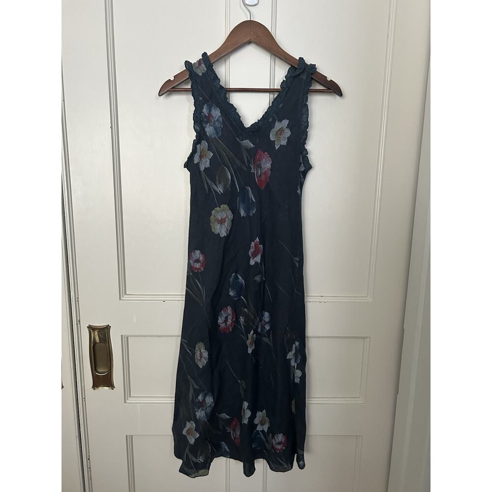 Angela Mara Floral Linen Ruffle Sheath Dress Womens Size Small Blue Romantic - Picture 3 of 8